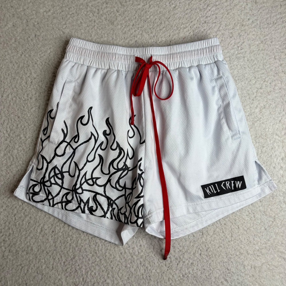 Kill Crew Mens White Mesh Flame Graphic Gym Shorts Size Large Red Drawstring